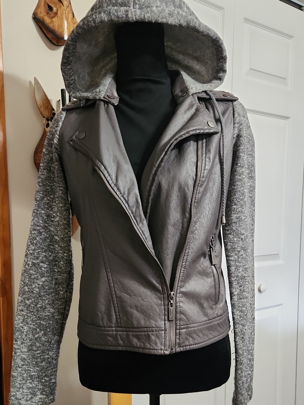 Jou Jou Gray/ Taupe Hooded Faux Leather Bomber Jacket with Knit Sleeves